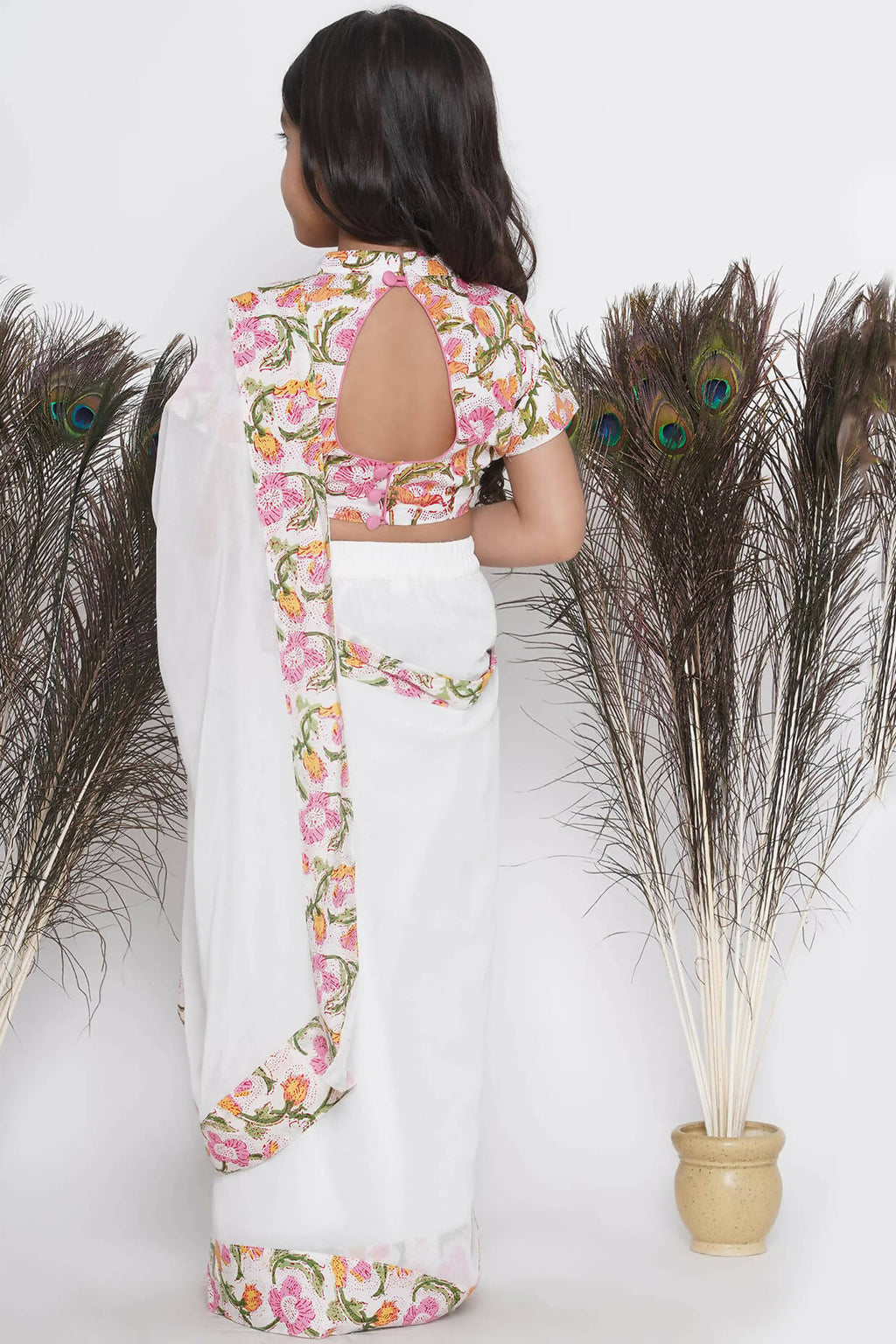 Little Bansi Floral Print Ready To Wear Saree And Floral Blouse - White