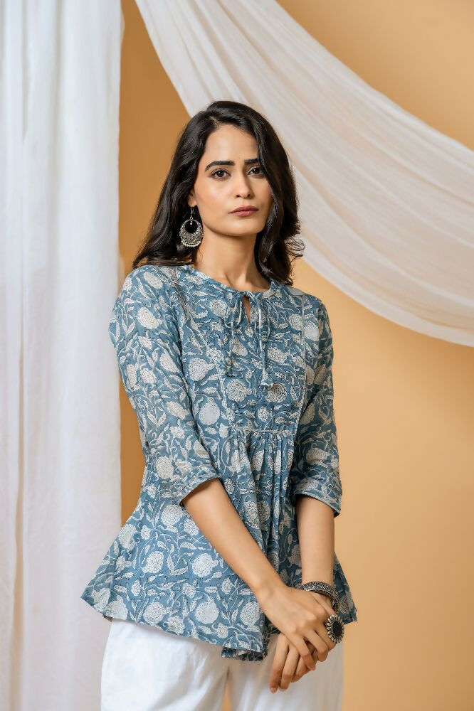 Joban Fashion Blue Floral Hand Block Printed Cotton Co-Ord Set - Distacart