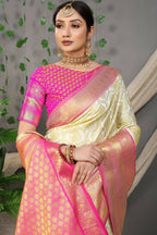 Jyoti Fashion Women's Off White Kanjivaram Silk Zari Woven Saree with Blouse