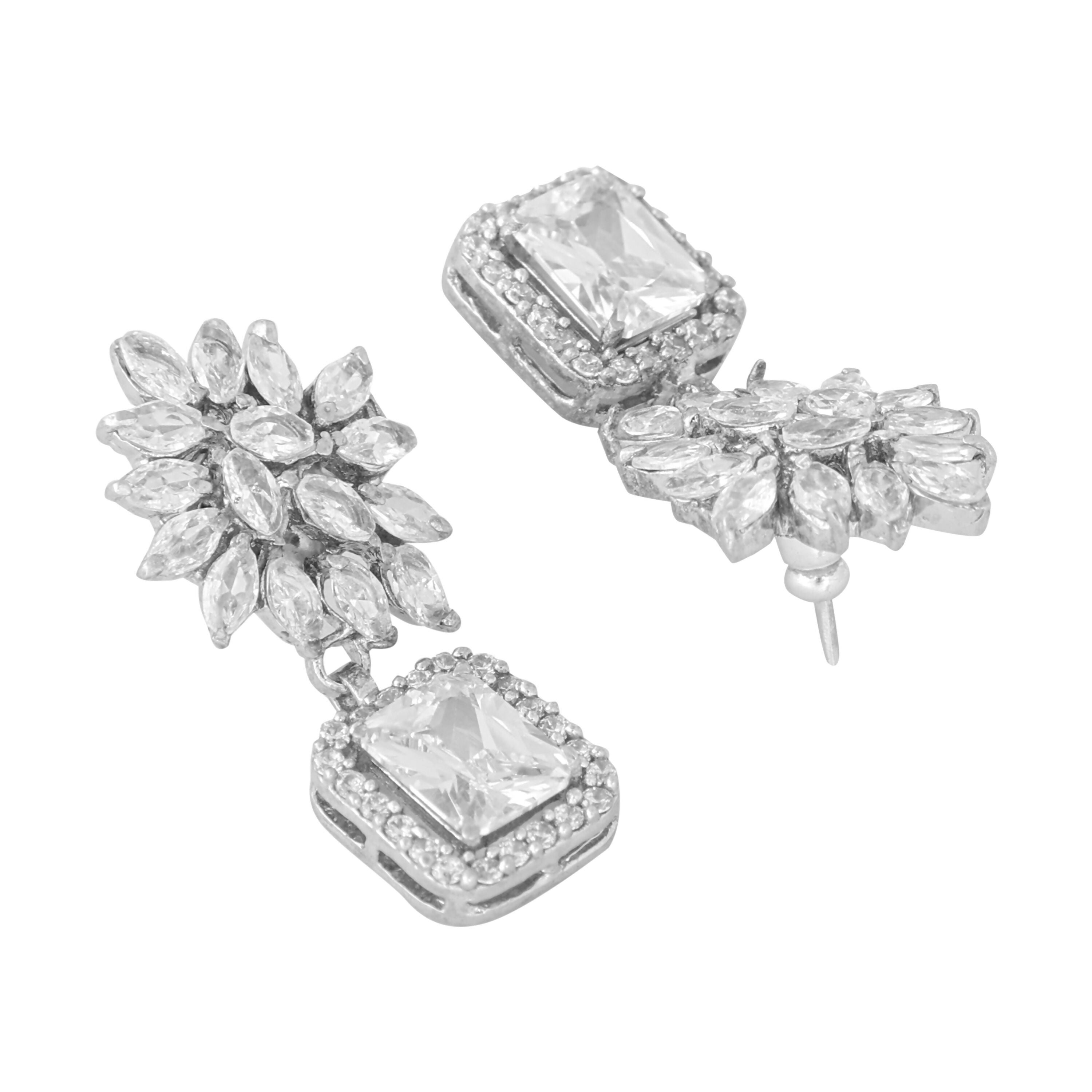 Nuyug Rhodium-Plated Rhinestone Studded Floral Minimal Cotemporary Studs - Distacart