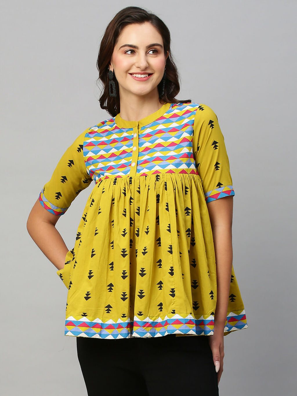 Olive Green & Black Pure Cotton Printed A-Line Top - Bosky