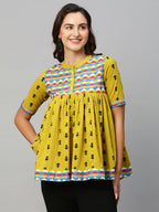Olive Green & Black Pure Cotton Printed A-Line Top - Bosky