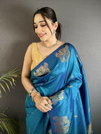 Joban Fashion Blue Motifs Zari Weaving Soft Silk Banarasi Saree