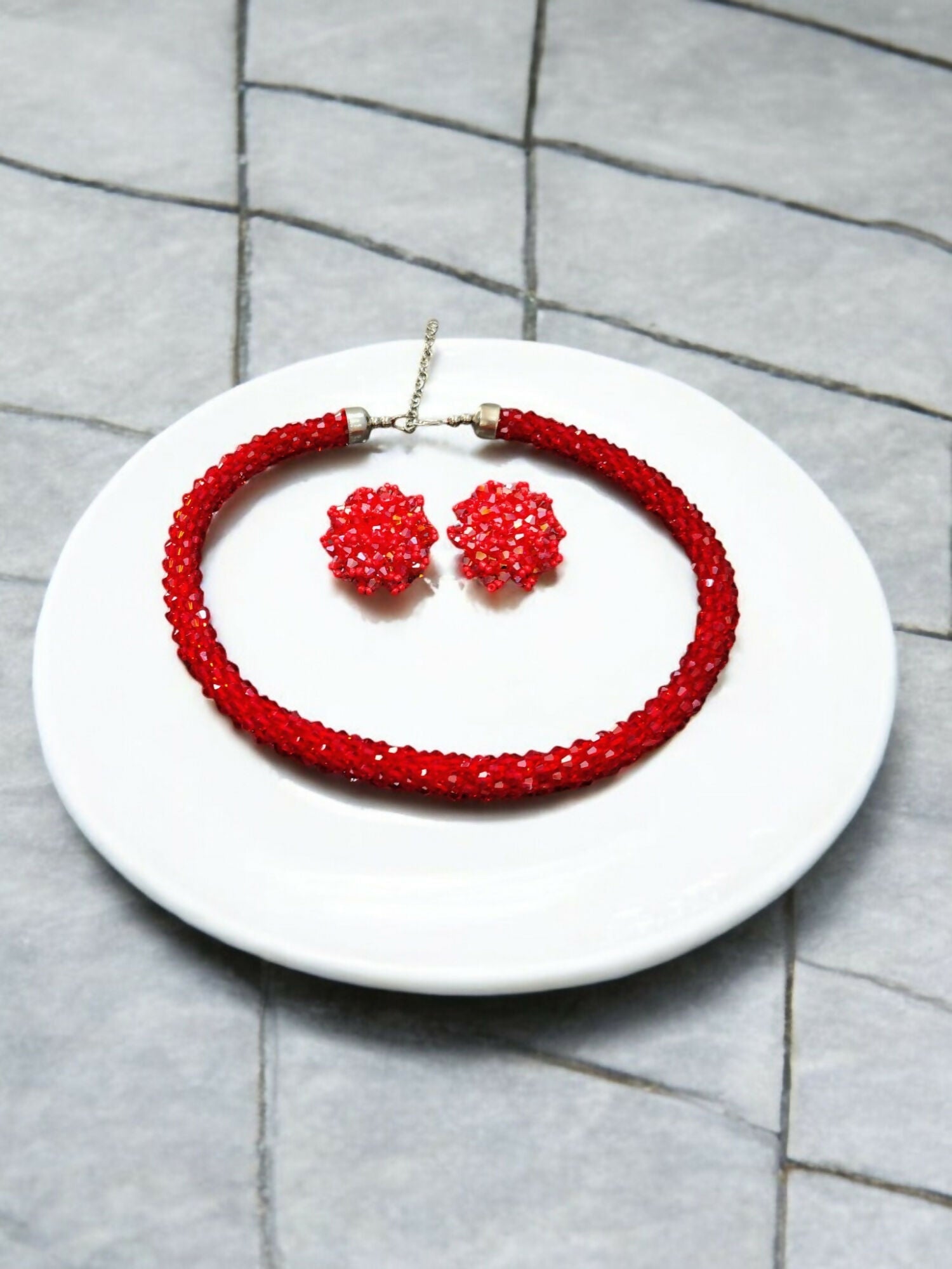 Inhanns Noor-E-Jalwa – Handmade Crystal Bead Necklace / Necklace With Earrings -Adjustable - Red