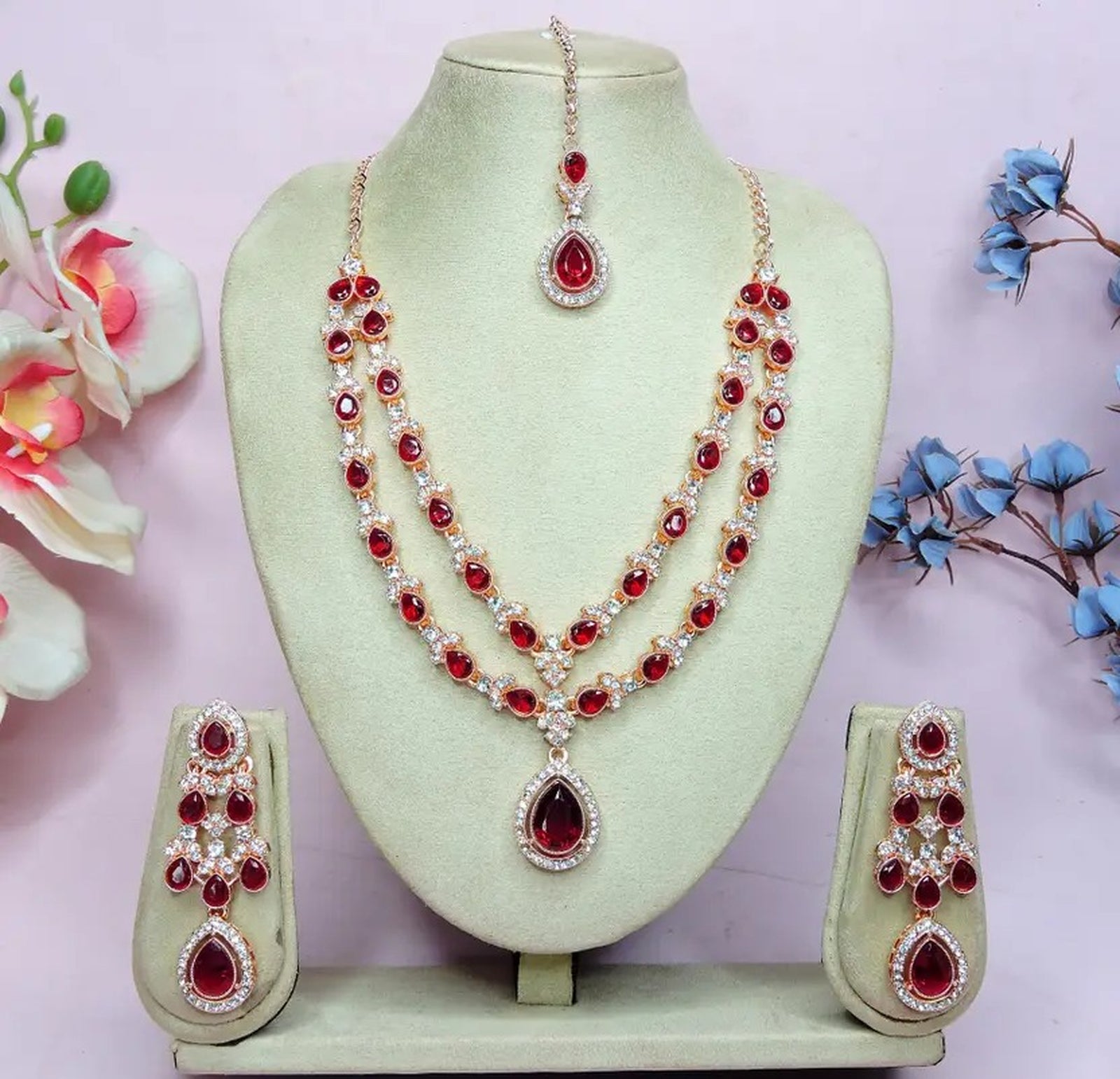 Jewel City Teardrop Bridal Necklace Set with Earrings & Maang Tikka - Ethnic Wedding Jewelry for Brides & Parties