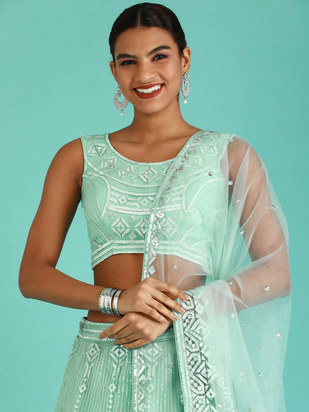 House of Panchhi Turquoise Blue Net Gotapatti Work Lehenga & Blouse, Dupatta