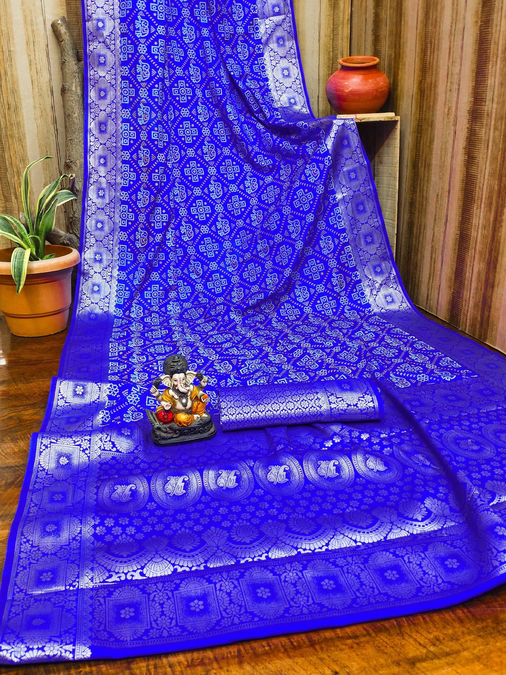 Anaita Blue Soft Satin Silk Bandhej Print Saree With Kanchi Zari Weaving Border - Distacart