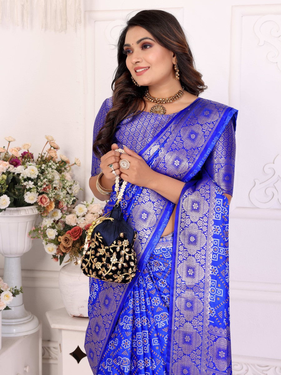Anaita Blue Soft Satin Silk Bandhej Print Saree With Kanchi Zari Weaving Border - Distacart