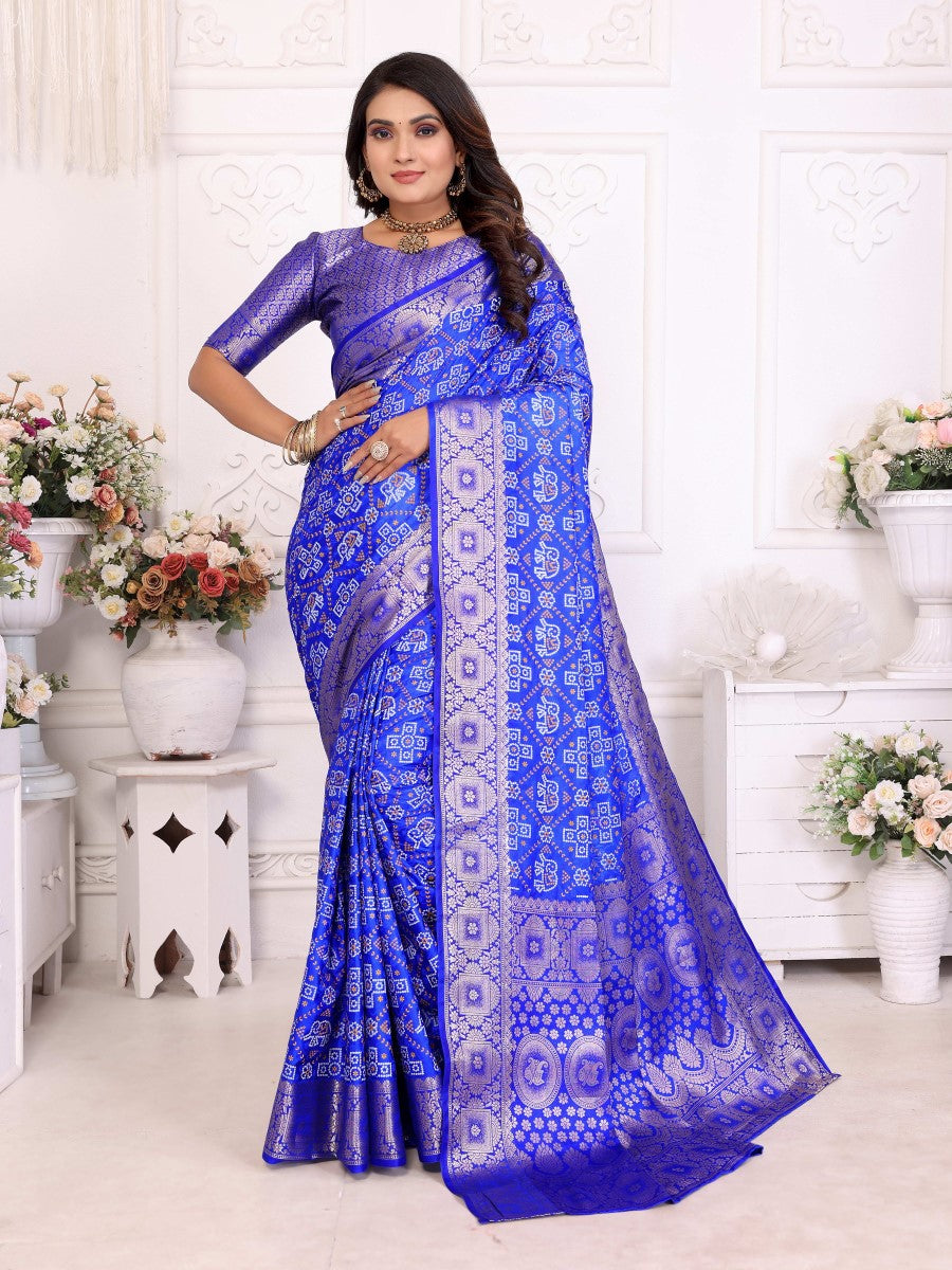 Anaita Blue Soft Satin Silk Bandhej Print Saree With Kanchi Zari Weaving Border - Distacart