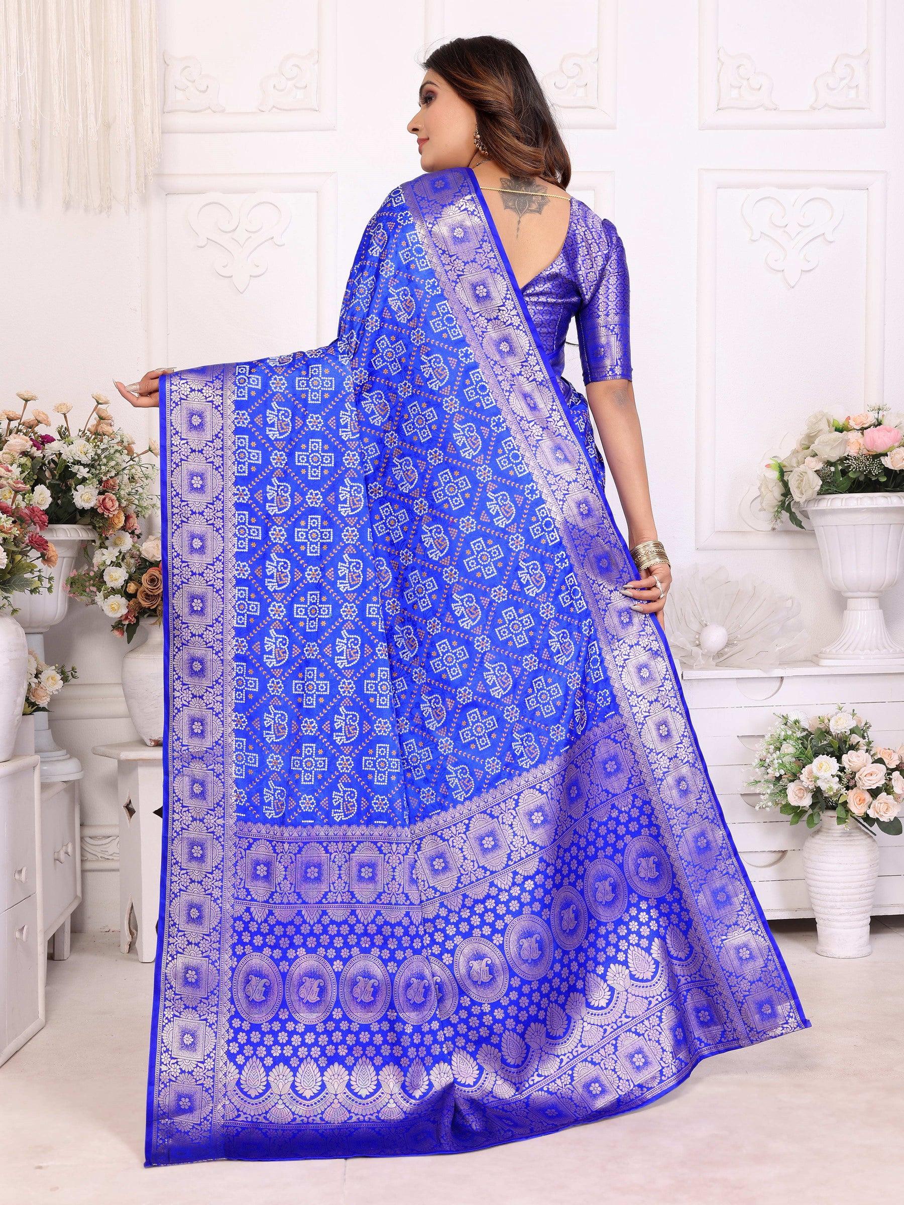 Anaita Blue Soft Satin Silk Bandhej Print Saree With Kanchi Zari Weaving Border - Distacart
