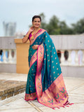 Vedant Vastram Soft Litchi Silk Paithani Jacquard Saree - Aqua
