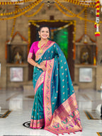 Vedant Vastram Soft Litchi Silk Paithani Jacquard Saree - Aqua