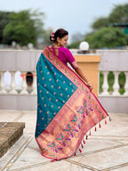 Vedant Vastram Soft Litchi Silk Paithani Jacquard Saree - Aqua