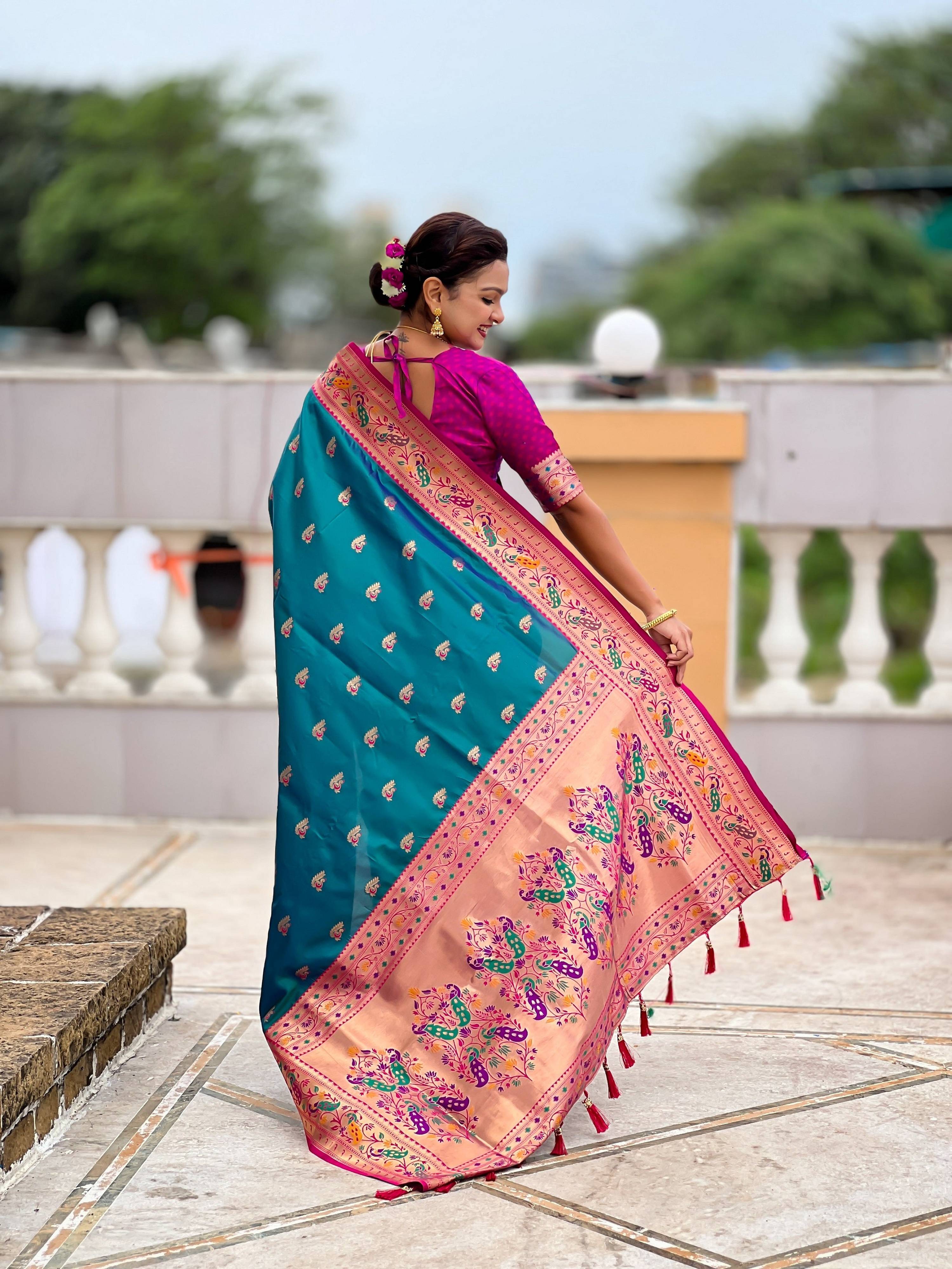 Vedant Vastram Soft Litchi Silk Paithani Jacquard Saree - Aqua