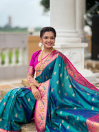 Vedant Vastram Soft Litchi Silk Paithani Jacquard Saree - Aqua