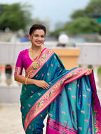 Vedant Vastram Soft Litchi Silk Paithani Jacquard Saree - Aqua