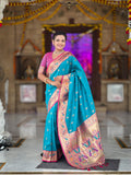 Vedant Vastram Soft Litchi Silk Paithani Jacquard Saree - Firozi