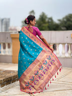 Vedant Vastram Soft Litchi Silk Paithani Jacquard Saree - Firozi
