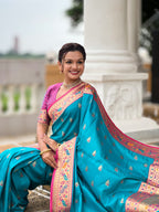 Vedant Vastram Soft Litchi Silk Paithani Jacquard Saree - Firozi