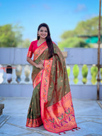 Vedant Vastram Soft Litchi Silk Paithani Jacquard Saree - Mahendi