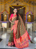 Vedant Vastram Soft Litchi Silk Paithani Jacquard Saree - Mahendi