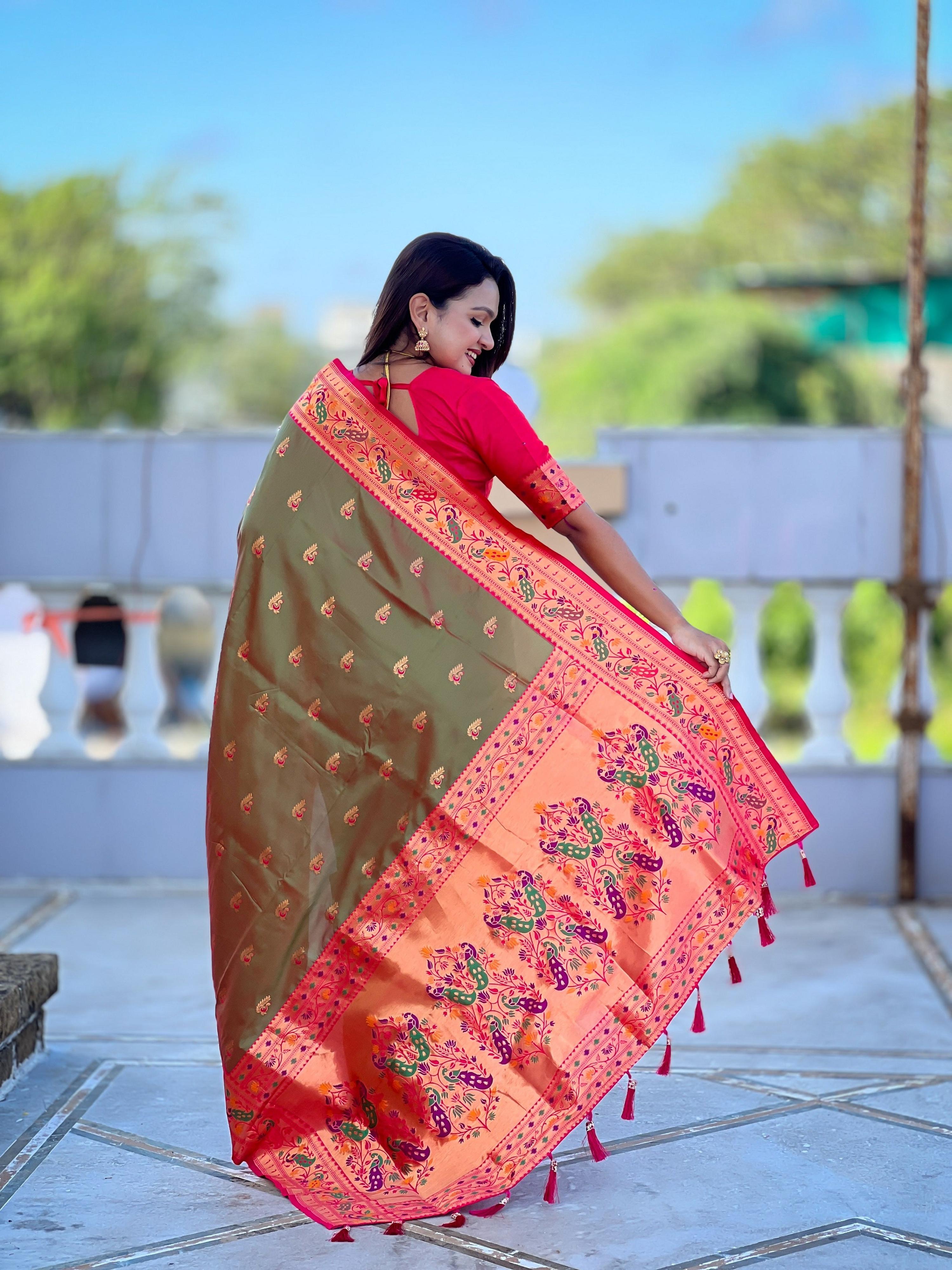 Vedant Vastram Soft Litchi Silk Paithani Jacquard Saree - Mahendi