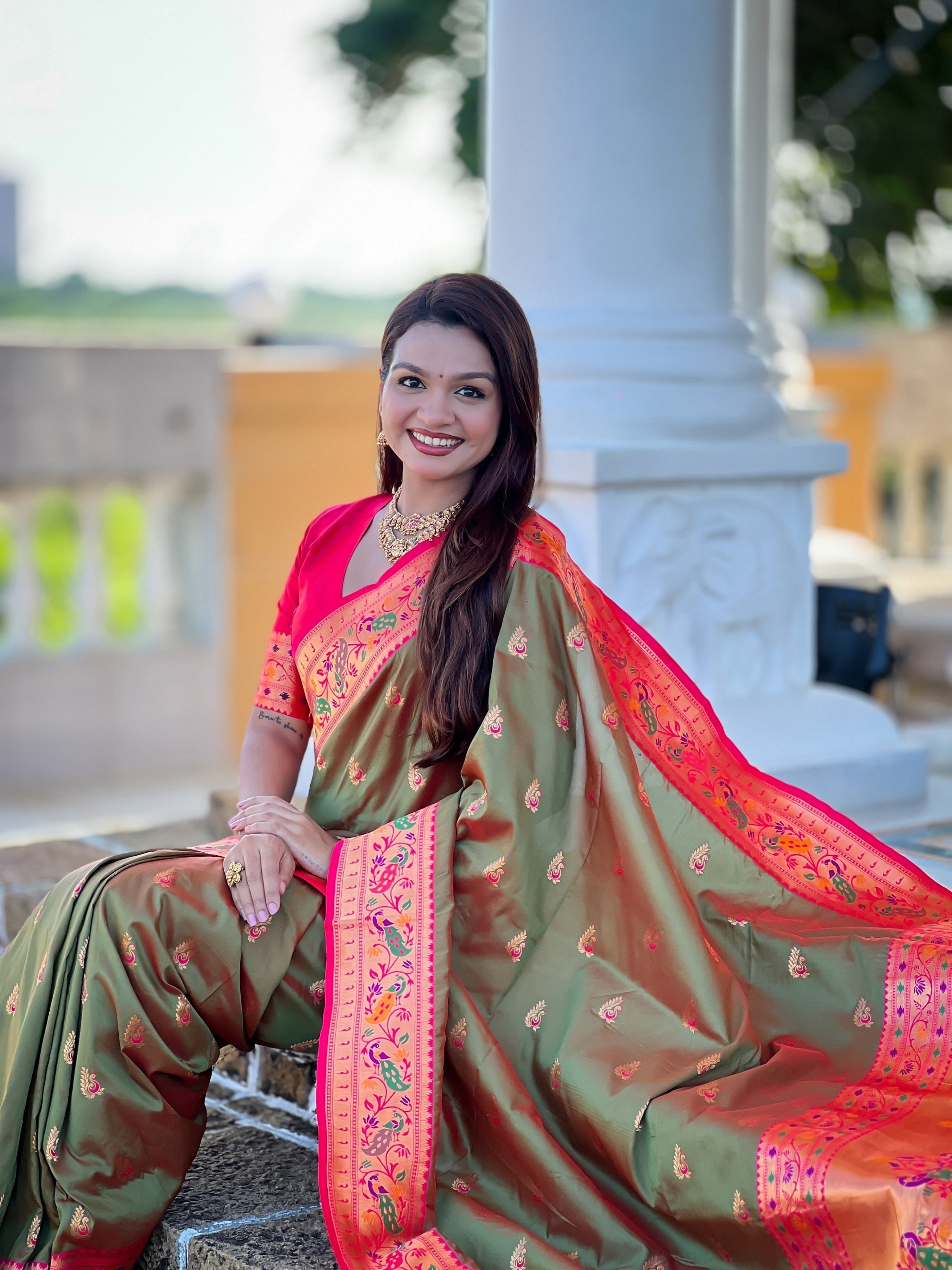 Vedant Vastram Soft Litchi Silk Paithani Jacquard Saree - Mahendi