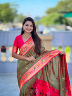 Vedant Vastram Soft Litchi Silk Paithani Jacquard Saree - Mahendi