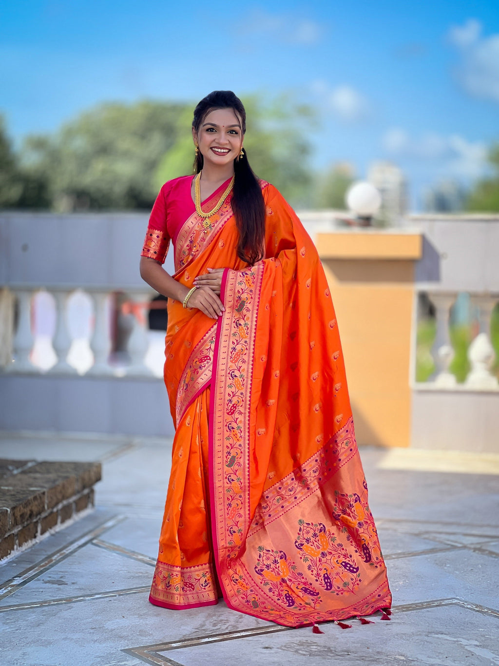 Vedant Vastram Soft Litchi Silk Paithani Jacquard Saree - Orange