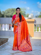 Vedant Vastram Soft Litchi Silk Paithani Jacquard Saree - Orange
