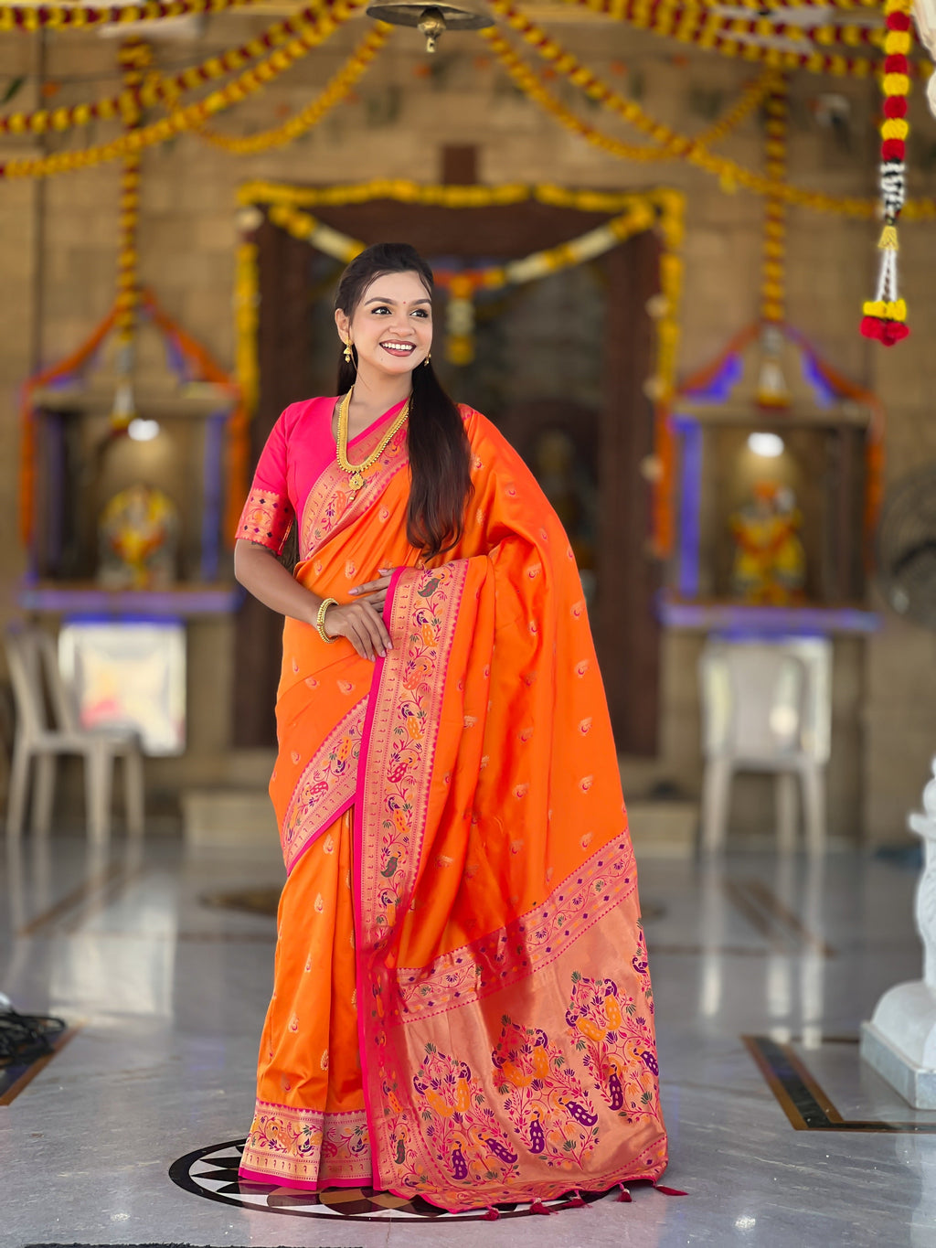 Vedant Vastram Soft Litchi Silk Paithani Jacquard Saree - Orange
