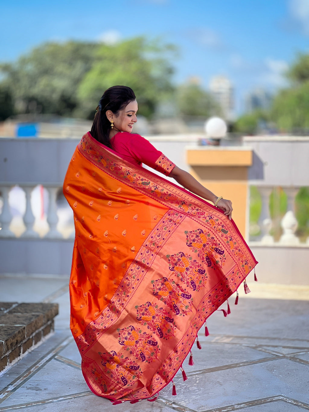 Vedant Vastram Soft Litchi Silk Paithani Jacquard Saree - Orange