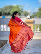 Vedant Vastram Soft Litchi Silk Paithani Jacquard Saree - Orange
