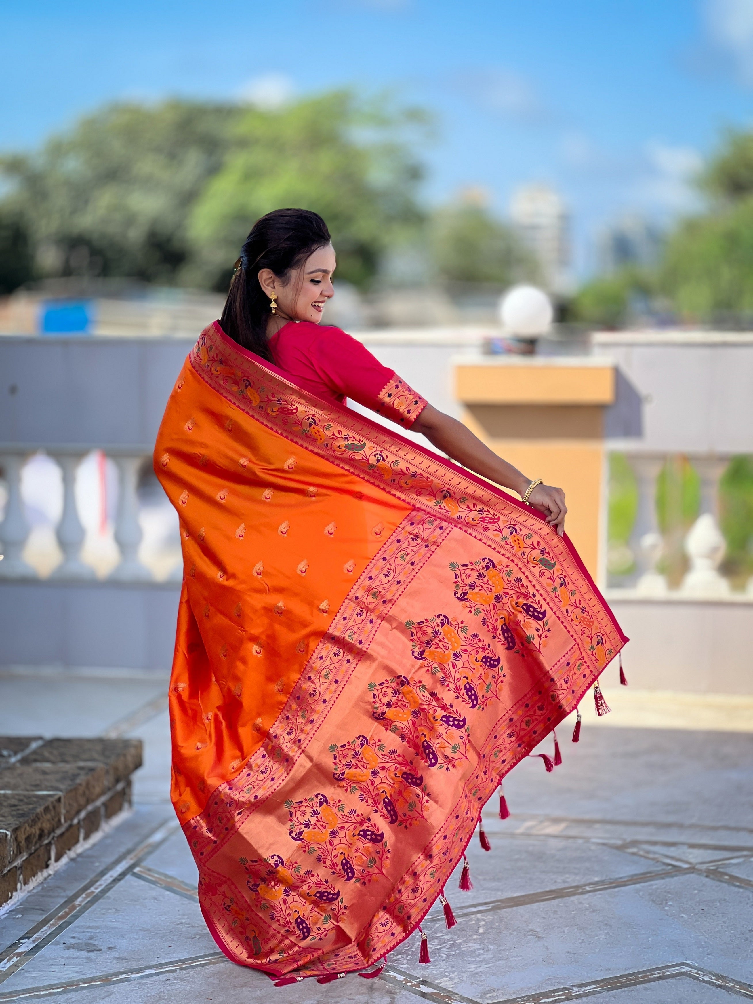 Vedant Vastram Soft Litchi Silk Paithani Jacquard Saree - Orange