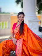Vedant Vastram Soft Litchi Silk Paithani Jacquard Saree - Orange