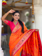 Vedant Vastram Soft Litchi Silk Paithani Jacquard Saree - Orange