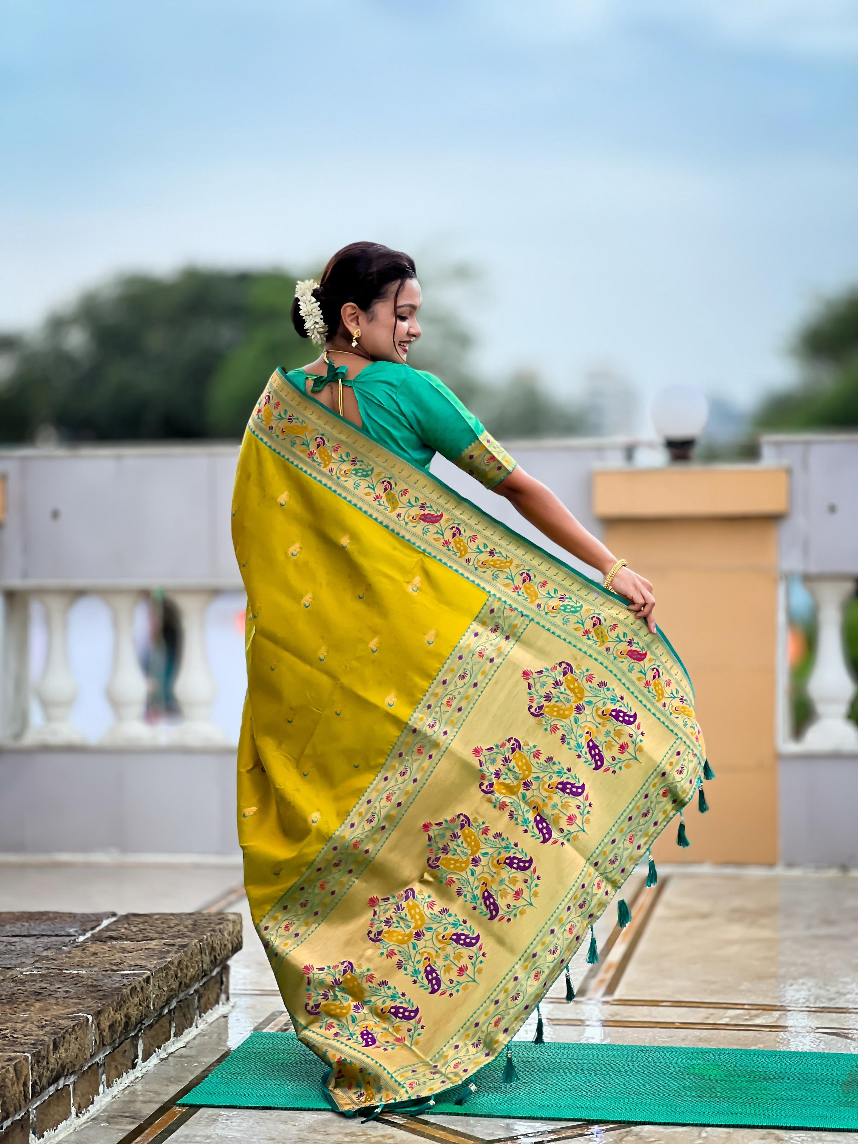 Vedant Vastram Soft Litchi Silk Paithani Jacquard Saree - Olive