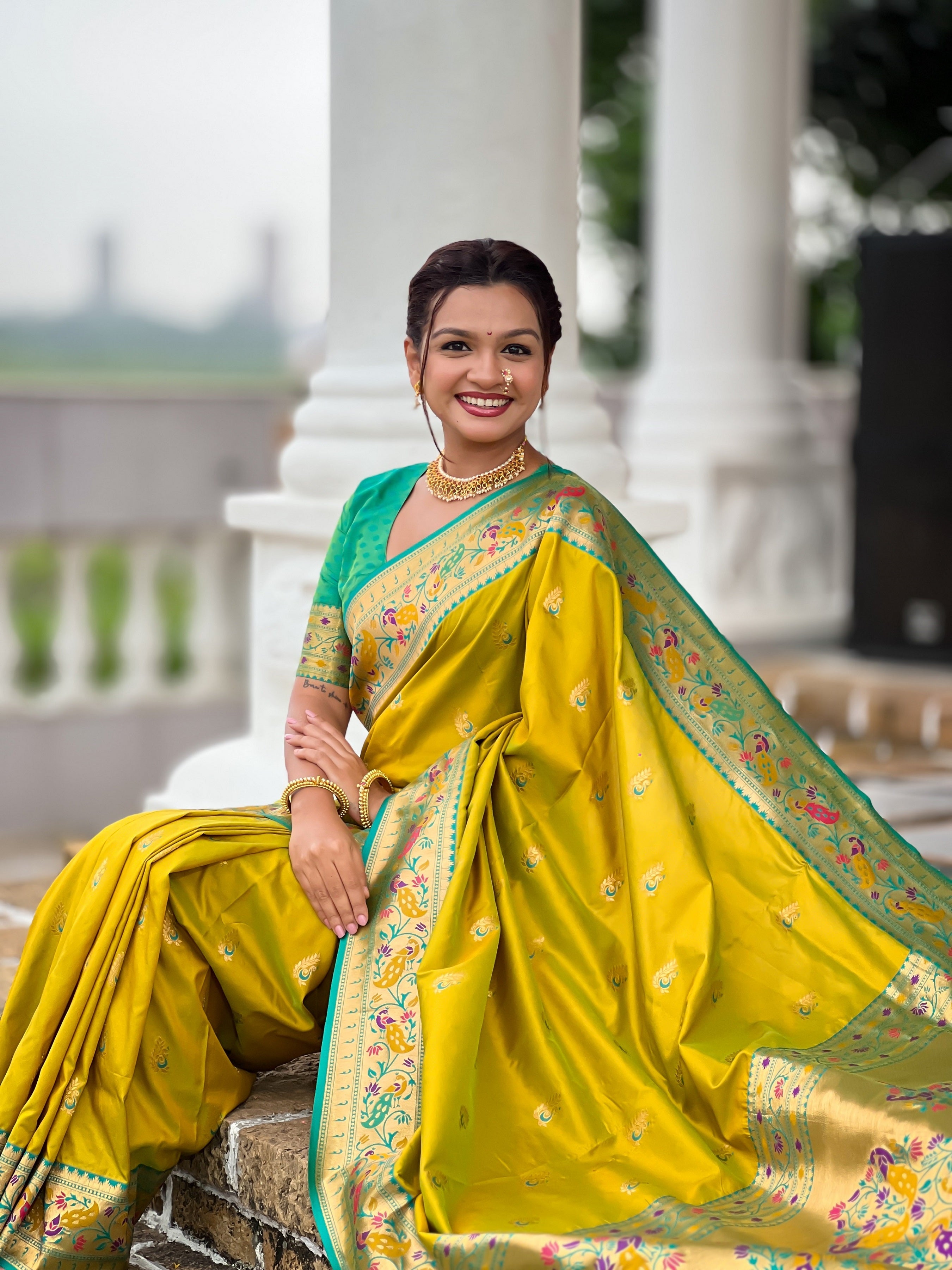 Vedant Vastram Soft Litchi Silk Paithani Jacquard Saree - Olive