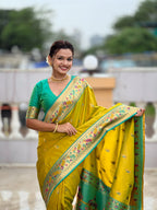 Vedant Vastram Soft Litchi Silk Paithani Jacquard Saree - Olive