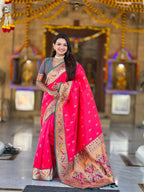 Vedant Vastram Soft Litchi Silk Paithani Jacquard Saree - Pink
