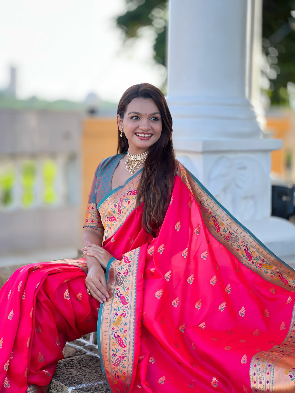 Vedant Vastram Soft Litchi Silk Paithani Jacquard Saree - Pink