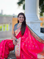 Vedant Vastram Soft Litchi Silk Paithani Jacquard Saree - Pink