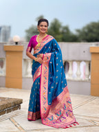 Vedant Vastram Soft Litchi Silk Paithani Jacquard Saree - Skyblue