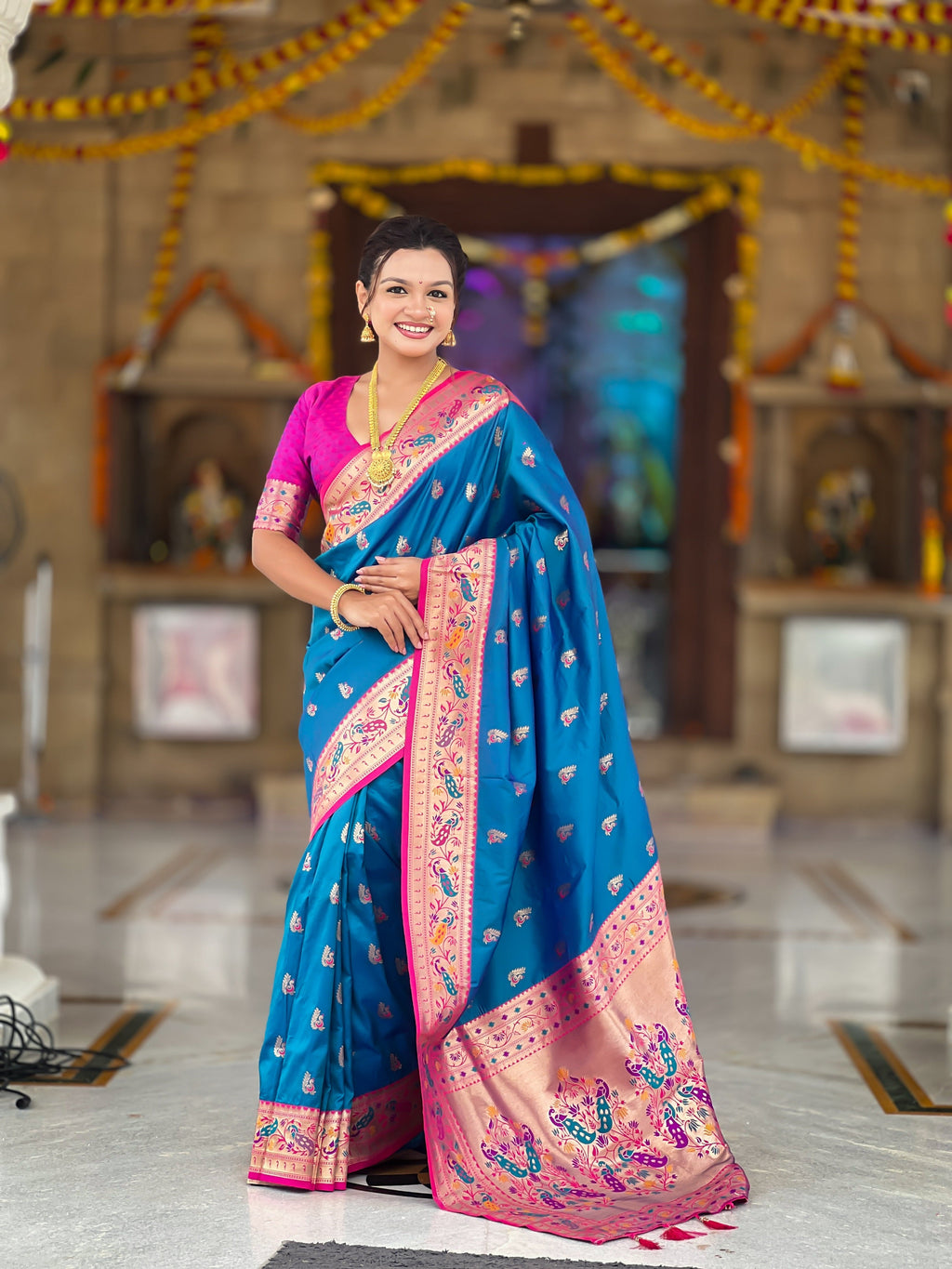 Vedant Vastram Soft Litchi Silk Paithani Jacquard Saree - Skyblue