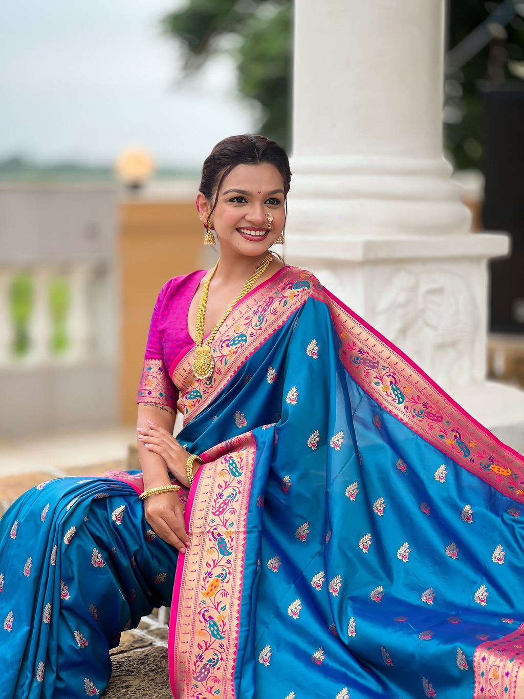 Vedant Vastram Soft Litchi Silk Paithani Jacquard Saree - Skyblue