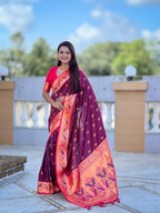 Vedant Vastram Soft Litchi Silk Paithani Jacquard Saree - Wine