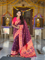 Vedant Vastram Soft Litchi Silk Paithani Jacquard Saree - Wine