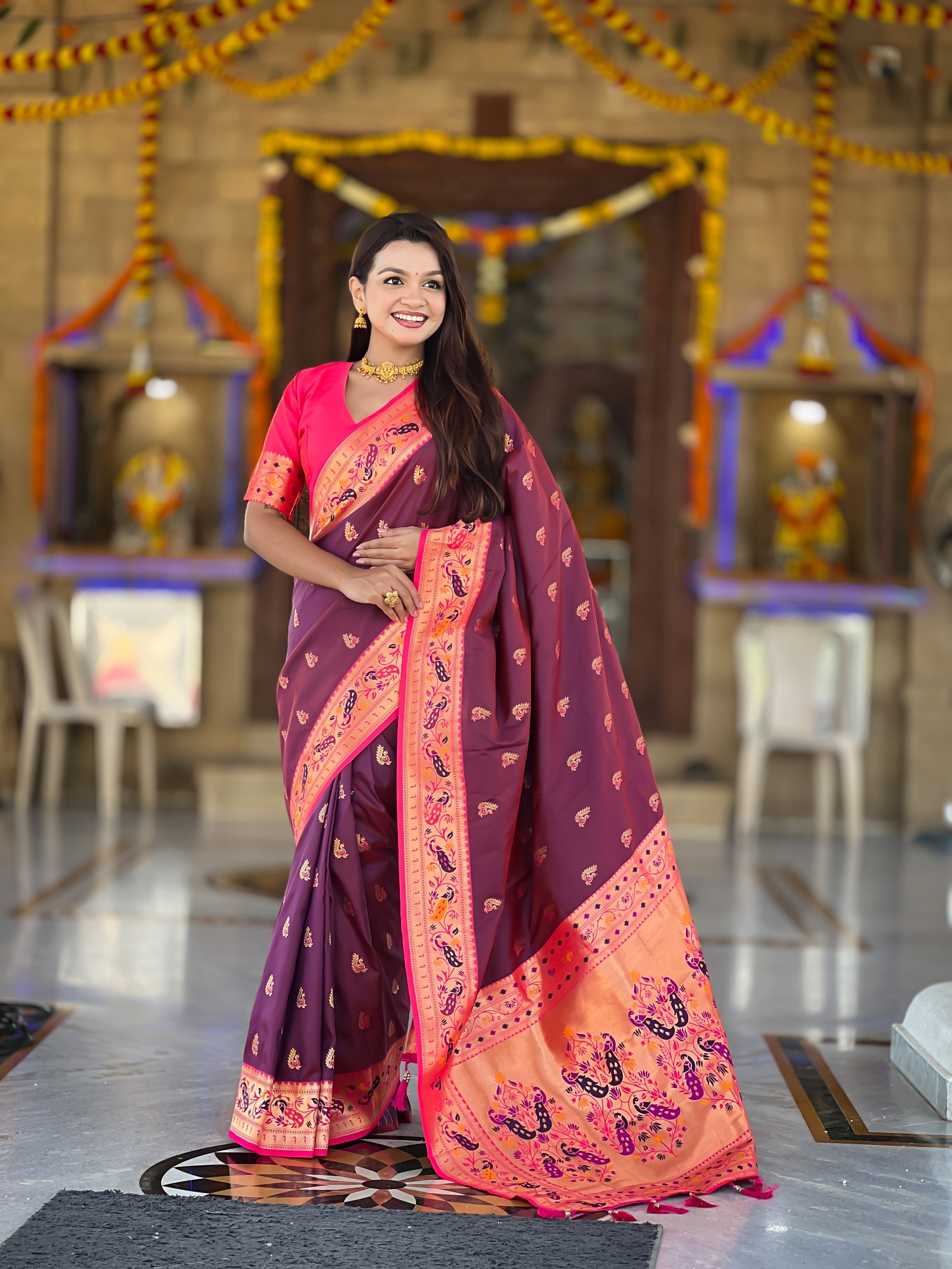 Vedant Vastram Soft Litchi Silk Paithani Jacquard Saree - Wine