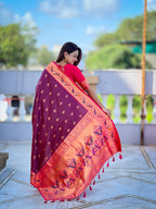 Vedant Vastram Soft Litchi Silk Paithani Jacquard Saree - Wine