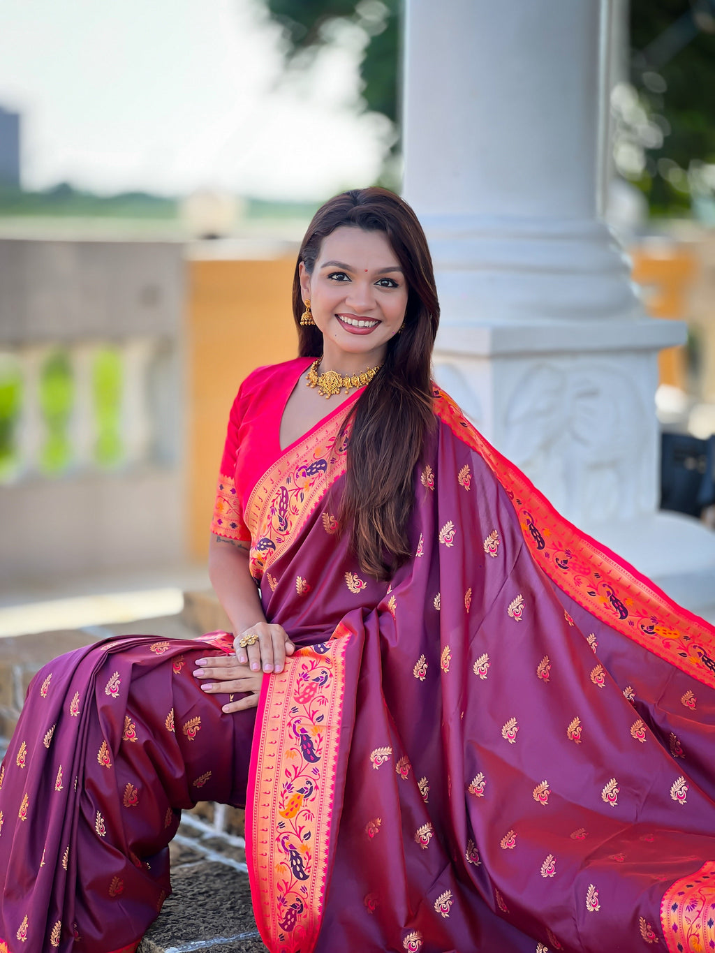 Vedant Vastram Soft Litchi Silk Paithani Jacquard Saree - Wine